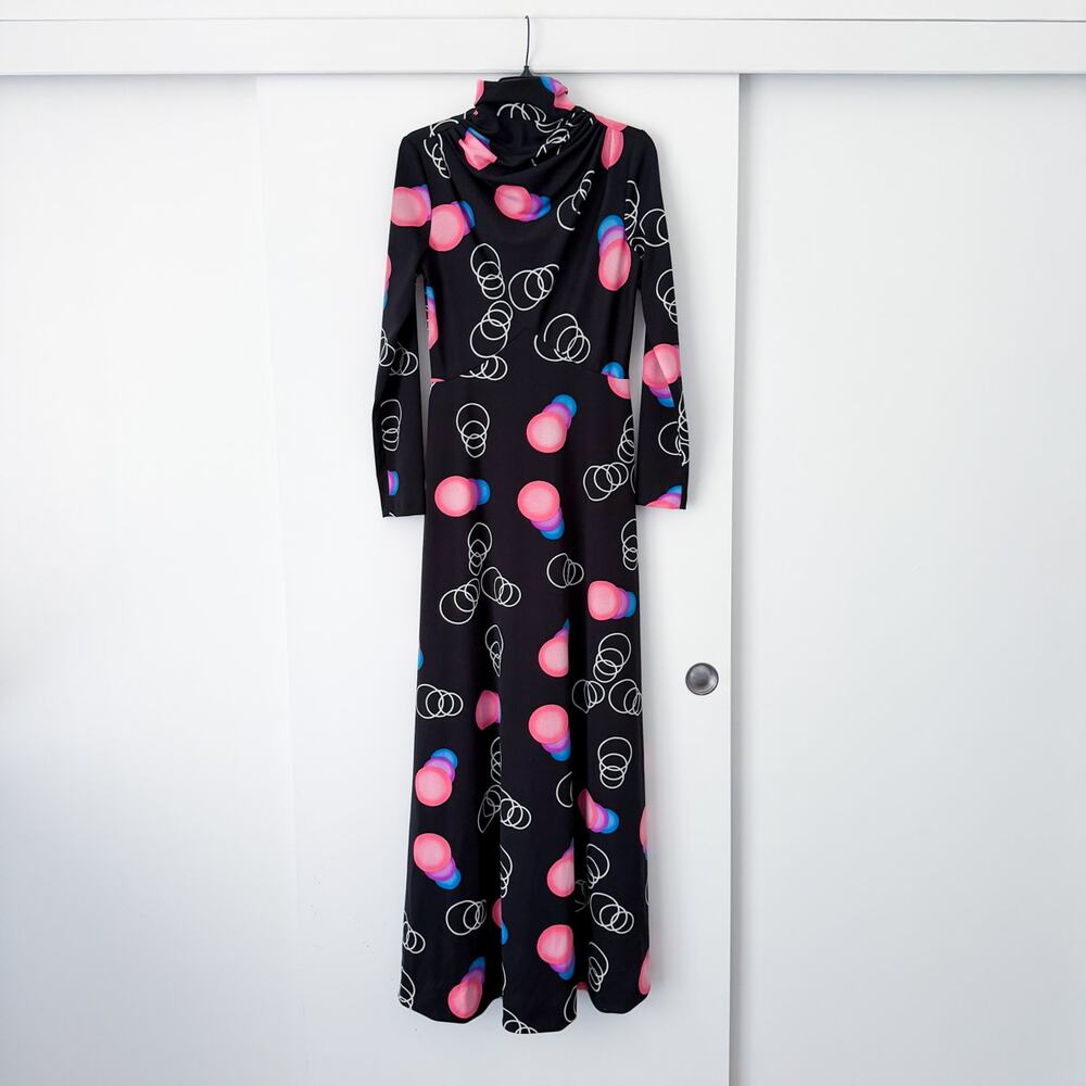 Vintage 1970s Long Sleeve Maxi Dress Op Art Psychedelic Geometric Print